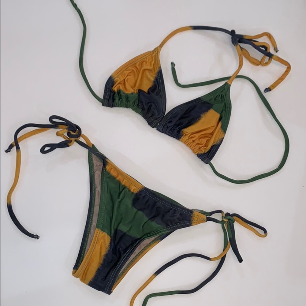 Triangle two piece green, blue and yellow bikini
